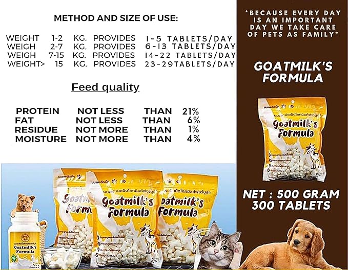 GOATMILK FUMULA 100% Sterilized Goat Milk Replacer 300 Tablets for Dog Puppy Cats Pet Milk Replacer Supplement High Protein Calcium Nourish Bones Teeth Strengthens Immunity Milk Replacement 500 g.