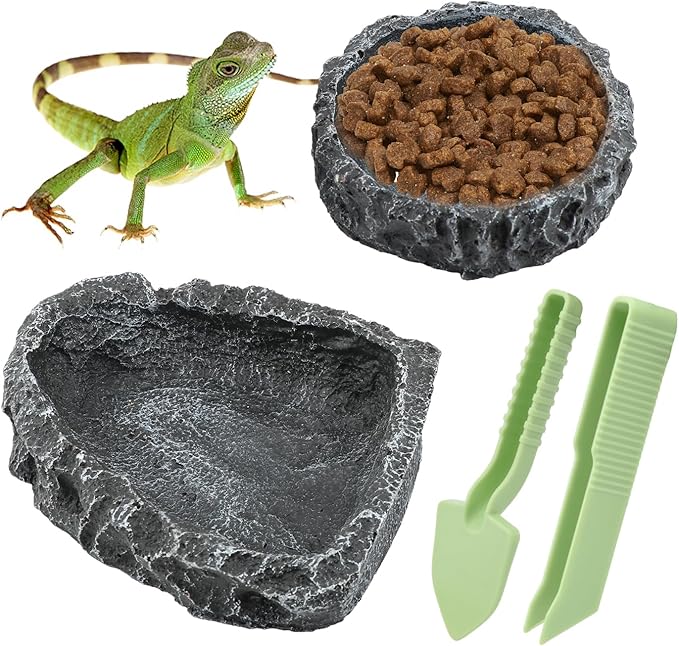 Reptile Bowls, 2 Pcs Reptile Feeding Dish with Clamp & Shovel, Resin Rock Reptile Water & Food Bowls, Amphibian Reptile Feeding Terrarium Bowls for Gecko Lizard Spider Scorpion Chameleon