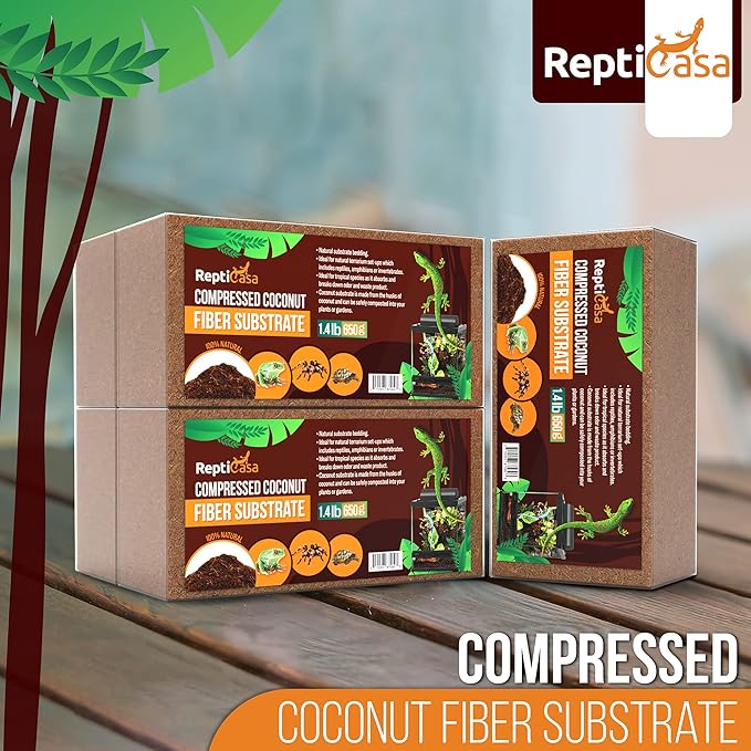Compressed Coconut Fiber Substrate, 1.4 lb. Bricks, Natural Husk Terrarium Bedding, Reptiles, Frogs, Snakes, or Tortoise, Odor and Waste Absorbent Compostable, 5 Pack