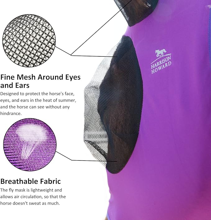 Harrison Howard Super Comfort Stretchy Fly Mask Large Eye Space with UV Protection Soft on Skin with Breathability Fly Mask -Amethyst Full (Large)