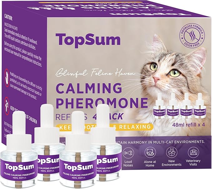 Cat Calming Diffuser Refills: 4 Pack Cat Pheromones Calming Diffuser Refill - Premium Cat Calming Diffuser Refill - Cat Pheromones for 4-Month Use, Cat Anxiety Relief, 4 Pack (Purple)