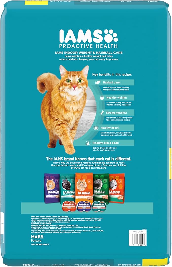 IAMS PROACTIVE HEALTH Adult Indoor Weight Control & Hairball Care Dry Cat Food with Chicken & Turkey Cat Kibble, 16 lb. Bag