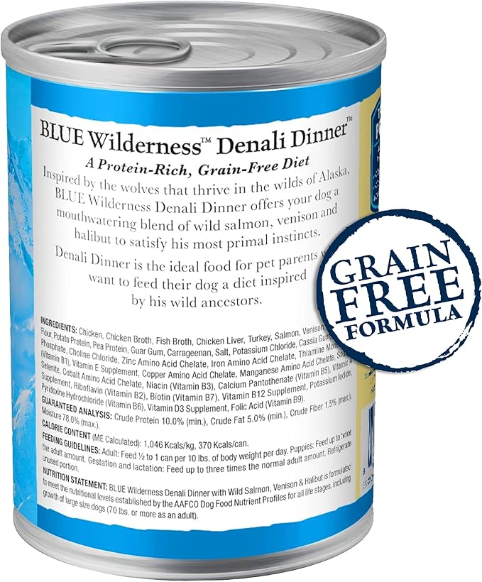 Blue Buffalo Wilderness Denali Dinner Wet Dog Food, High-Protein & Grain-Free, Made with Natural Ingredients, Wild Salmon, Venison & Halibut, 12.5-oz. Can (12 Count)