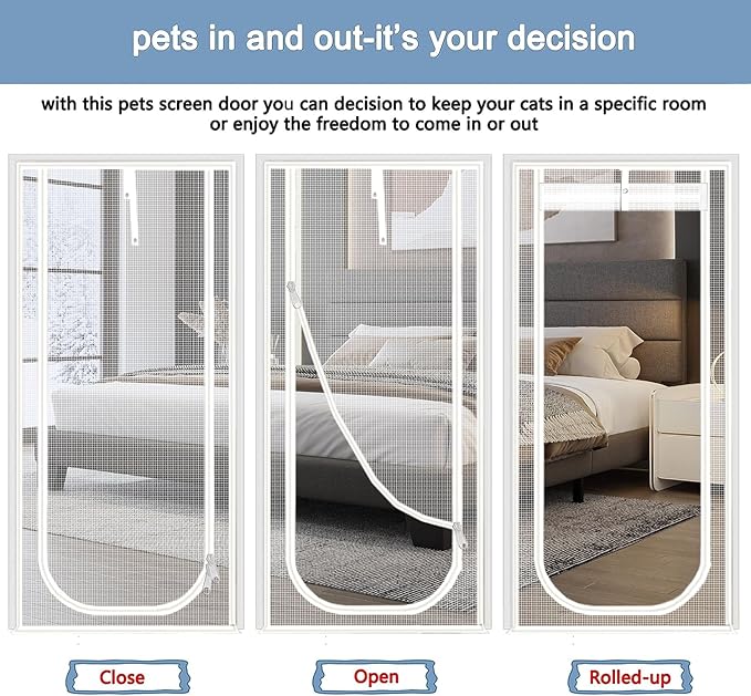 Reinforced Cat Screen Door,Fits Door Size 32''x 80'',Thickened Cat Resistant Mesh Screen Door for Living Room,Kitchen,Bedroom,Cat Proof Screen with Zipper Closure. (U-Type,White)