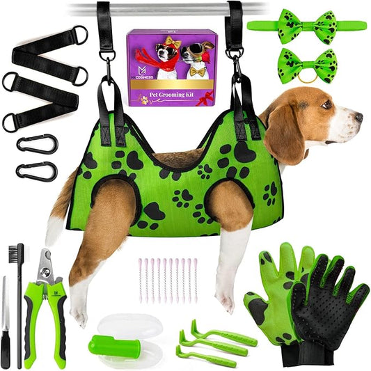 Pet Grooming Hammock for Nail Trimming - Complete Groomers Helper Set for Pet - Dog Grooming Hammock with Hook - Cat Nail Clipper - Dog Hammock for Nail Clipping (M, Lime with black paws)