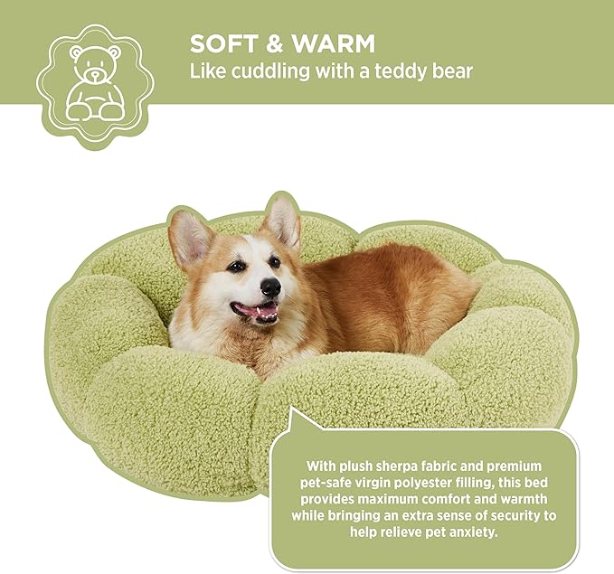 Lesure Calming Large Dog Bed - Flower Donut Round Fluffy Puppy Bed in Plush Teddy Sherpa, Non-Slip Cute Flower Dog Beds, Large Pet Bed Fits up to 100 lbs, Machine Washable, Green 36"