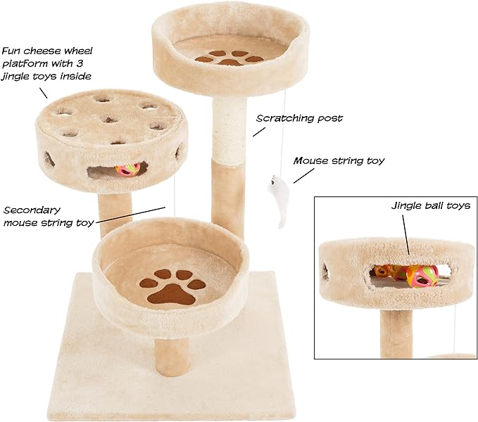 Cat Tree - 3-Tier Tall Cat Tower Condo with 2 Napping Perches, Sisal Rope Scratching Post, Hanging Mouse and Interactive Wheel Toy by PETMAKER (Beige), 27.5"