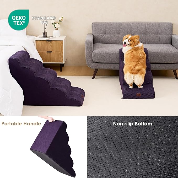 EHEYCIGA Curved Dog Stairs for High Beds 19.7" H, 4-Step Dog Steps for Small Dogs and Cats, Pet Stairs for High Bed Climbing, Non-Slip Balanced Pet Step Indoor, Purple