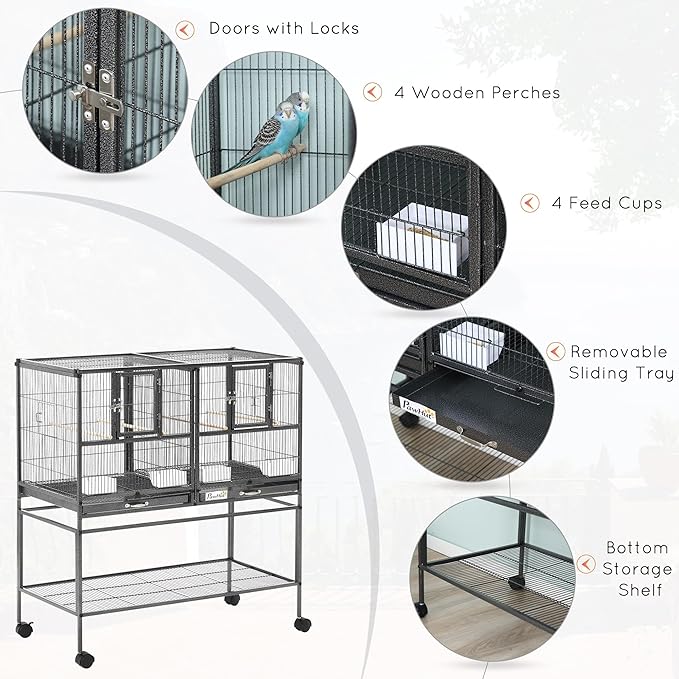 PawHut Divided Breeder Bird Cage with Rolling Stand Removable Metal Tray, Storage Shelf, Wood Perch, and Food Container