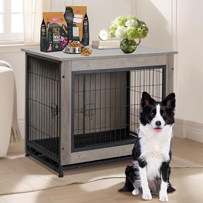 Shintenchi Wooden Dog Crate Furniture for Large Dog, L Double-Door Kennel Indoor with Removable Tray, End Table L Dog Crate for Decoration, 38" L*25" W*26" H, Grey