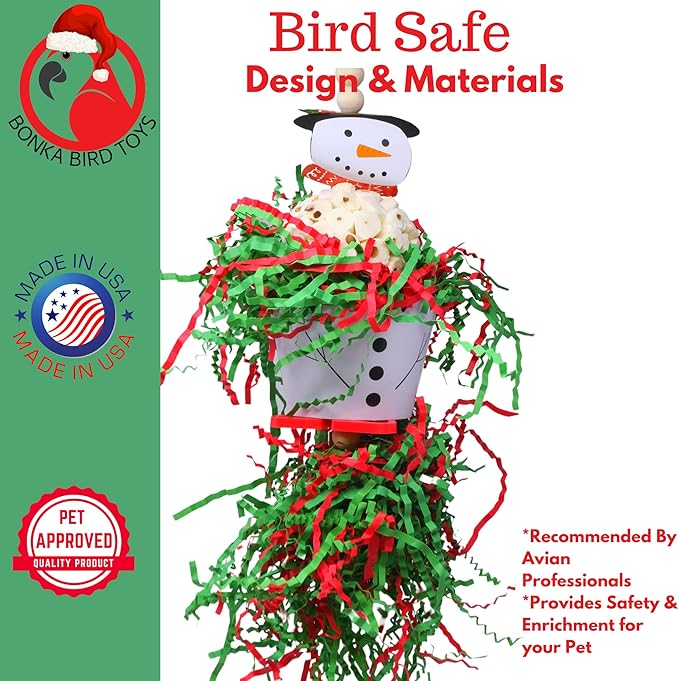 Bonka Bird Toys Christmas Elf Santa Snowman Reindeer Natural Sola Chew Forage Small Medium Bird Toy Cockatiel Parakeet Conures and Other Similar Birds (2436 Snowman)