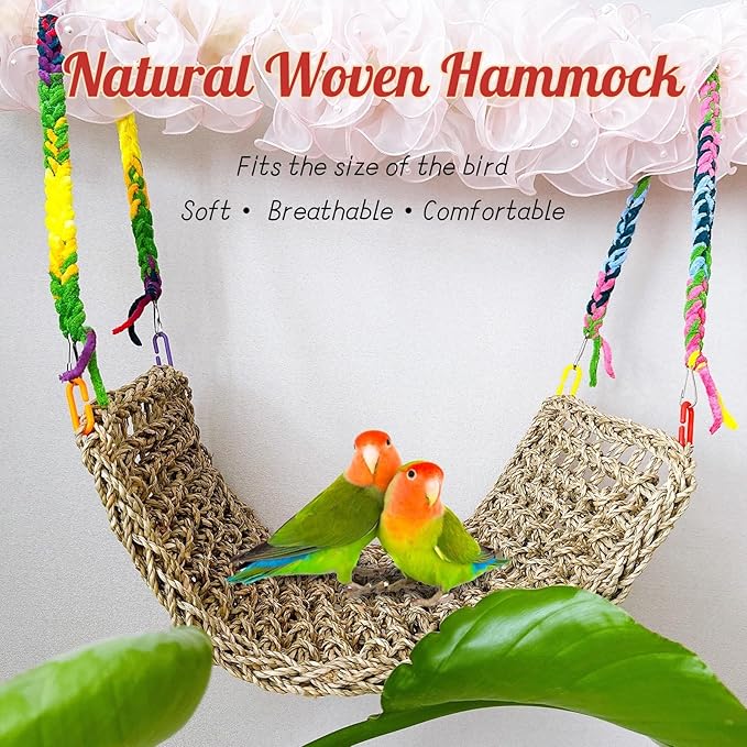 2Pcs Bird Seagrass Mat 20.5×8'' Natural Grass Woven Net Hammock Hanging on Cage Parakeet Climbing Rope Ladder Chew Toys for Lovebird Cockatiel Conure Budgie Cockatoo