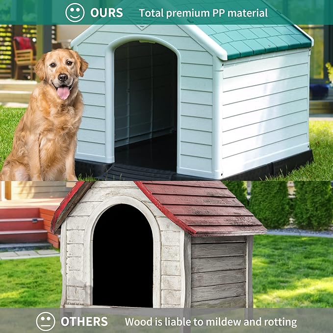 YITAHOME 41'' Large Plastic Dog House Outdoor Indoor Doghouse Puppy Shelter Water Resistant Easy Assembly Sturdy Dog Kennel with Air Vents and Elevated Floor (41''L*38''W*39''H, Blue)