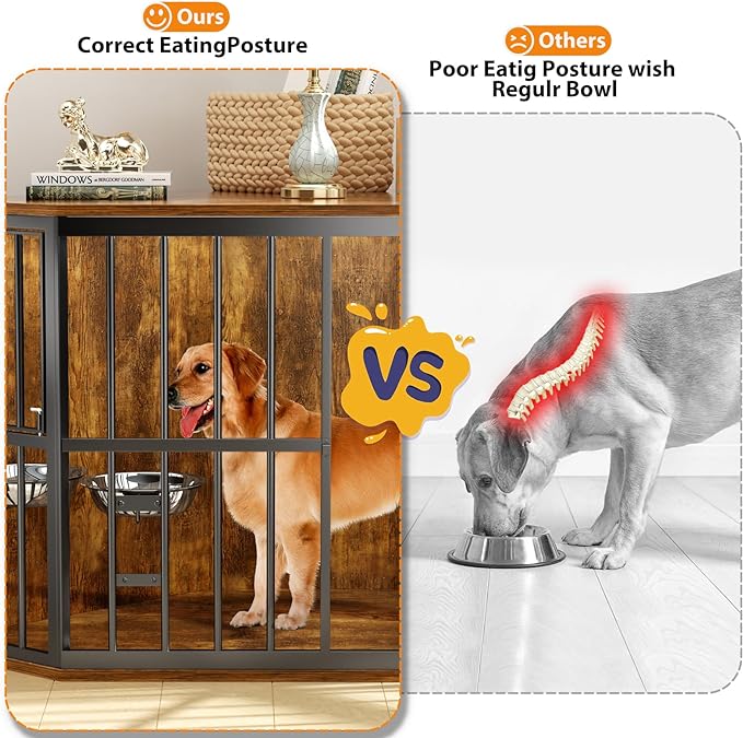 53 inch Furniture Dog Crate Corner, Dog Kennel Corner Wooden End Table with Bowl, Indoor Pet Crates Corner Side Table for Dogs, Wide Top Perfect for Limited Room