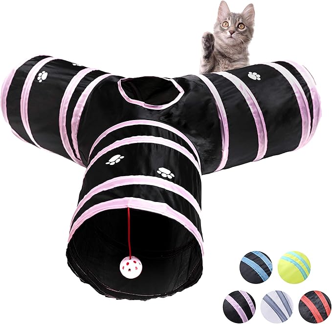 Cat Tunnel, Collapsible Tube with 1 Play Ball Kitty Toys, 3 Ways Cat Tunnels for Indoor Cats, Puppy, Kitty, Kitten, Rabbit (Black and Pink Paws)…