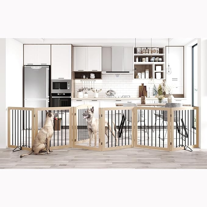 Folding Pet Gate 144" Wide, 30" Tall No-Assembly Wooden Dog Gate with Door Walk Through, Freestanding Pet Gate, Puppy Safety Fence, with 2PCS Support - Natural White