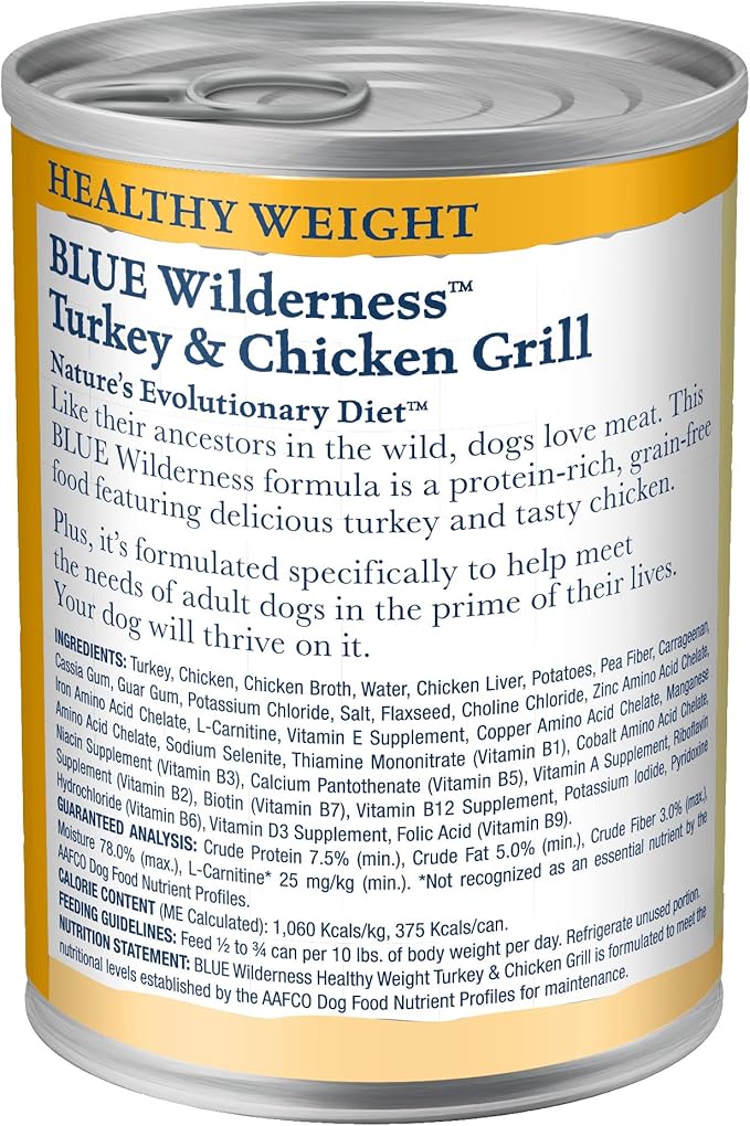 Blue Buffalo Wilderness High Protein, Natural Adult Healthy Weight Dog Wet Food, Turkey & Chicken Grill 12.5-oz cans (Pack of 12)