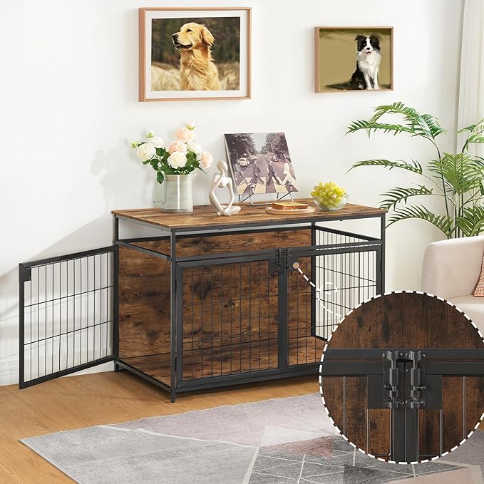 HOOBRO Dog Crate Furniture, 38.6 Inch Wooden Dog Crate Table with 3 Doors, Indoor Dog Kennel Furniture for Medium/Large Dog, Side End Table, Chew-Resistant Dog House, Rustic Brown and Black BF93GW03