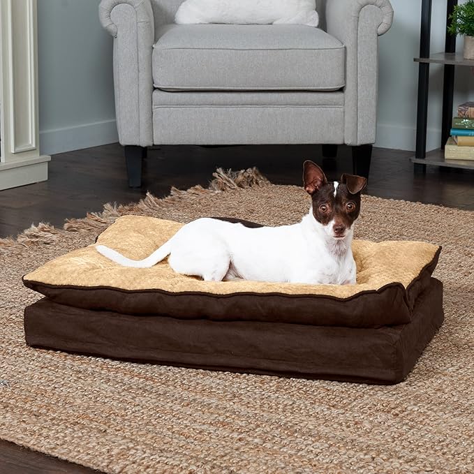 Furhaven Orthopedic Dog Bed for Medium/Small Dogs w/ Pillow Cushion Top & Removable Washable Cover, For Dogs Up to 35 lbs - Minky Plush & Suede Pillow Top Mattress - French Roast, Medium