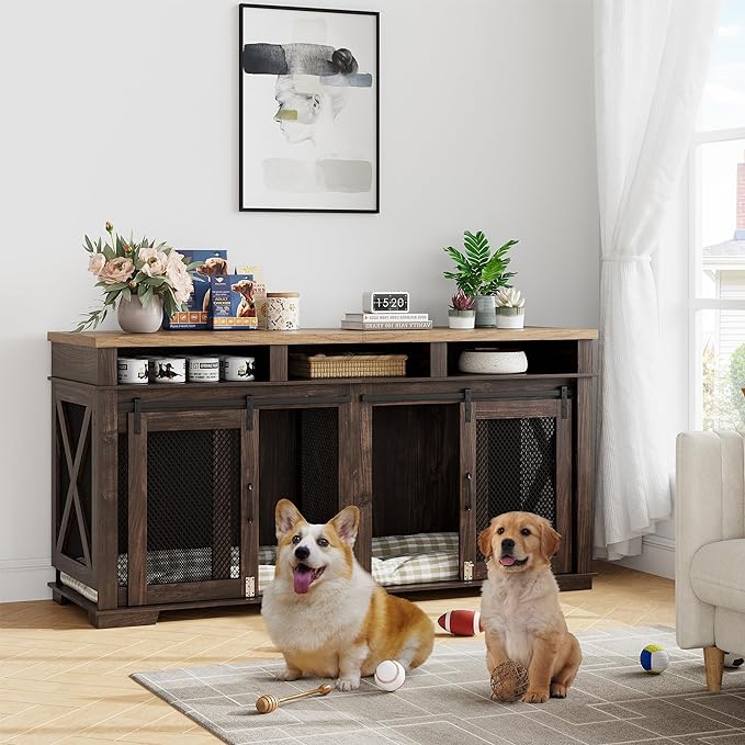 71" Extra Large Dog Crate Furniture,Wooden Double Dog Crates Kennel Cage,Furniture Style TV Stand Side End Table for 2 Dogs with Removable Divider for Large Dogs,Dark Walnut/Light