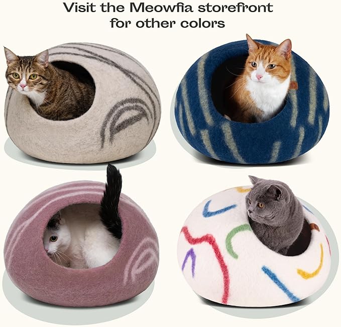 MEOWFIA Premium Felt Cat Bed Cave - Handmade 100% Merino Wool Bed for Cats and Kittens (Light Shades) (Medium, Beige)