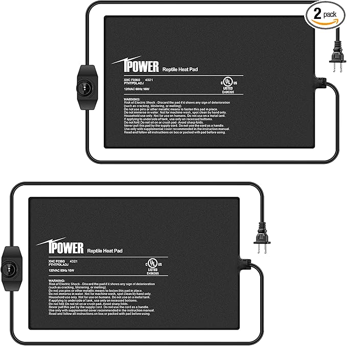 iPower 8X12 Inch 16 Watts Reptile Heating Mat with Adjustable Temperature Controller Under Tank Warmer Terrarium Heat Pad for Reptiles and Amphibians, for 30-40 Gallon Tank, 2 Pack