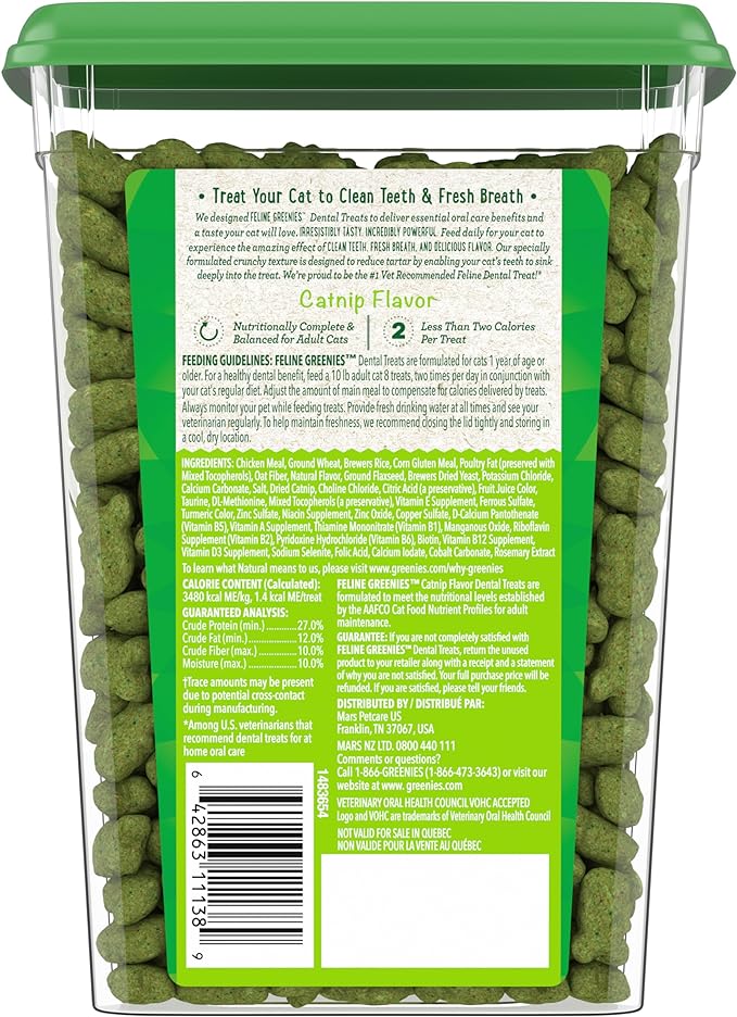 Greenies Feline Adult Natural Dental Care Cat Treats, Catnip Flavor, 9.75 oz. Tub