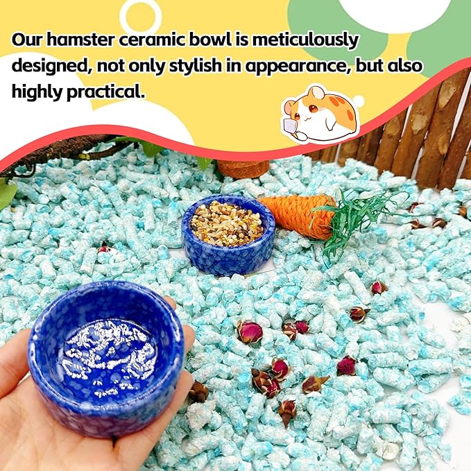 kathson 4 Pcs Hamster Food Bowl Guinea Pig Ceramic Water Bowl Small Animal Feeding Dish for Dwarf Hamster Gerbil Syrian Ferret Hedgehog Chinchilla Bunny (Navy)