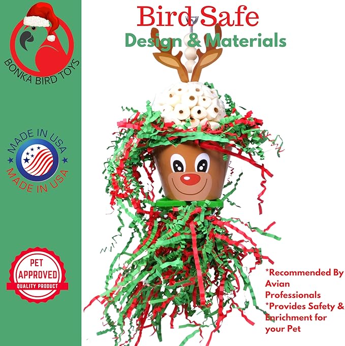 Bonka Bird Toys Christmas Elf Santa Snowman Reindeer Natural Sola Chew Forage Small Medium Bird Toy Cockatiel Parakeet Conures and Other Similar Birds (2437 Reindeer)