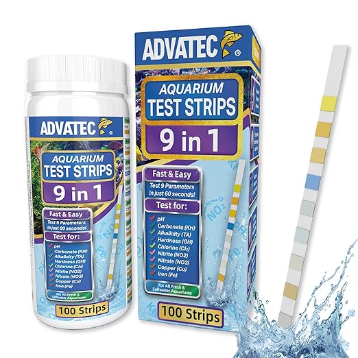 9 in 1 Aquarium Test Strips for Salt & Freshwater, Fish Tank Tester Kit for Iron, Copper, Carbonate, pH, Nitrate, Nitrite, Chlorine, Total Hardness & Alkalinity - 100 Count