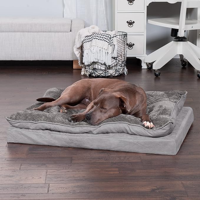 Furhaven Orthopedic Dog Bed for Large/Medium Dogs w/ Pillow Cushion Top & Removable Washable Cover, For Dogs Up to 55 lbs - Minky Plush & Suede Pillow Top Mattress - Titanium Gray, Large