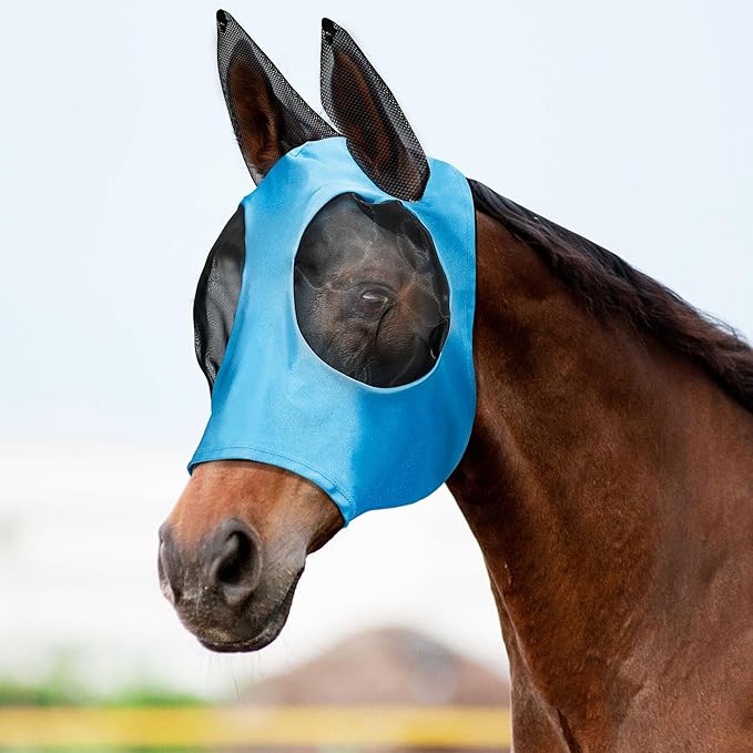 Masks for Horses, Safe and Breathable Horse Fly Masks with Ears, Shade and Cooling to Protect The Horse's face from Disturbance, Blue L