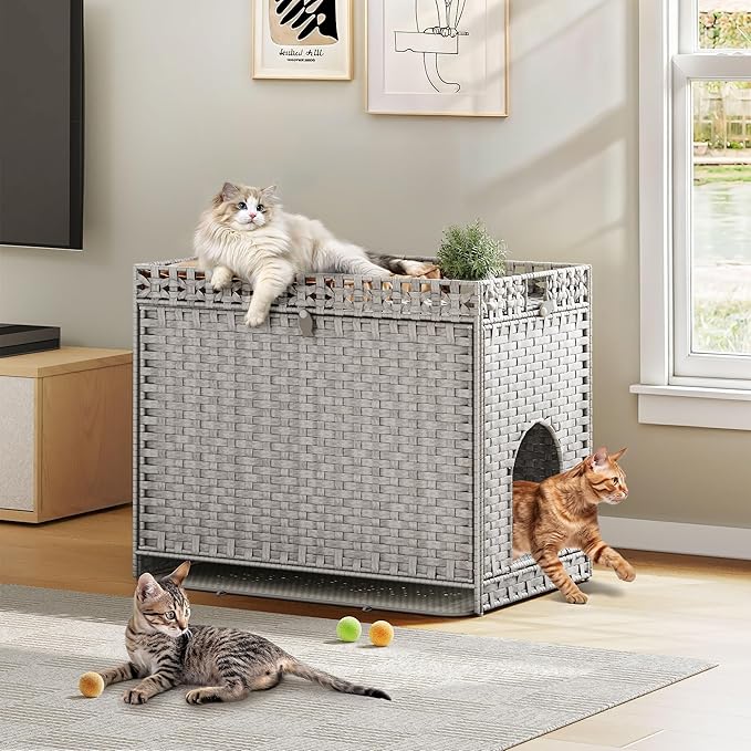 YITAHOME Cat Litter Box Enclosure with Soft Litter Mat, Hidden Litter Box Furniture Large Handwoven Rattan Cat House with Support Bars for Living Room, Bedroom, Balcony (Grey)