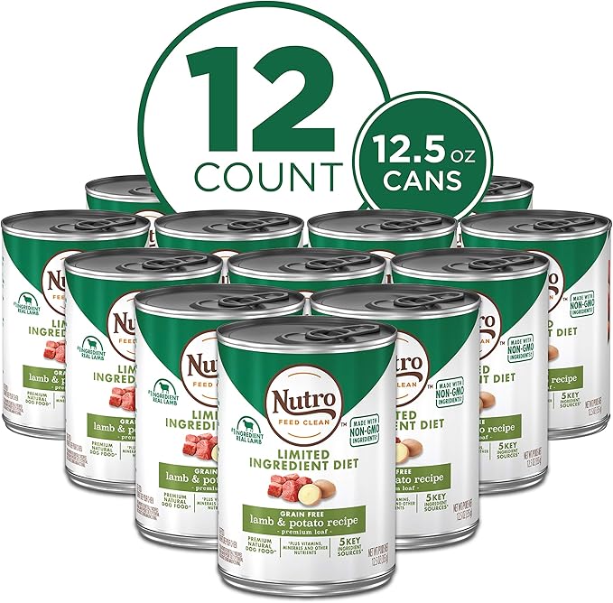 NUTRO Limited Ingredient Diet Adult Canned Soft Wet Dog Food Premium Loaf Lamb & Potato Recipe, 12.5 oz. Cans, Pack of 12