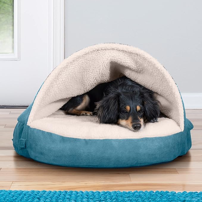 Furhaven 26" Round Cooling Gel Dog Bed for Medium/Small Dogs w/ Removable Washable Cover, For Dogs Up to 30 lbs - Sherpa & Suede Snuggery - Blue, 26-inch