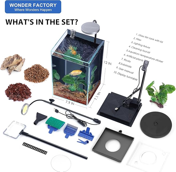 3 Gallon Aquarium Fish Tank AIO Starter Kit, including HD Float Glass Small Aquarium, Self-Cleaning Bottom Filter, Light, Substrate, Plants, Cleaning Tool Set. Beginner's Gift for Betta, Guppy, Shrimp