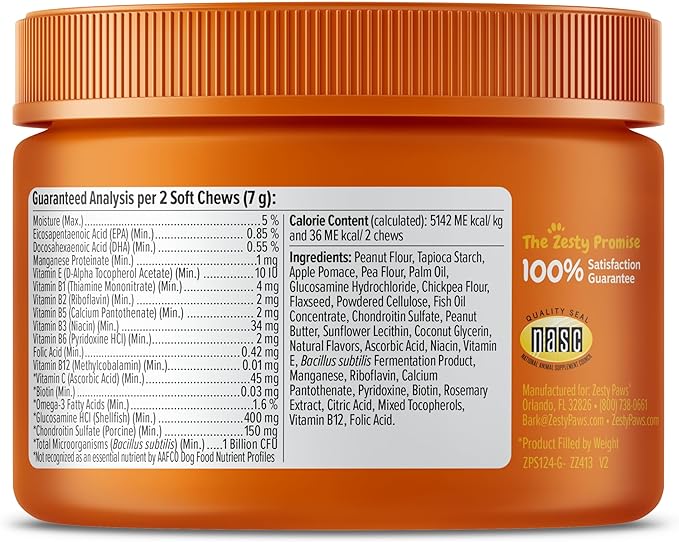 Zesty Paws Multivitamin Treats for Dogs - Glucosamine Chondroitin for Joint Support + Digestive Enzymes & Probiotics - Grain Free Dog Vitamin for Skin & Coat + Immune Health - 50 Count