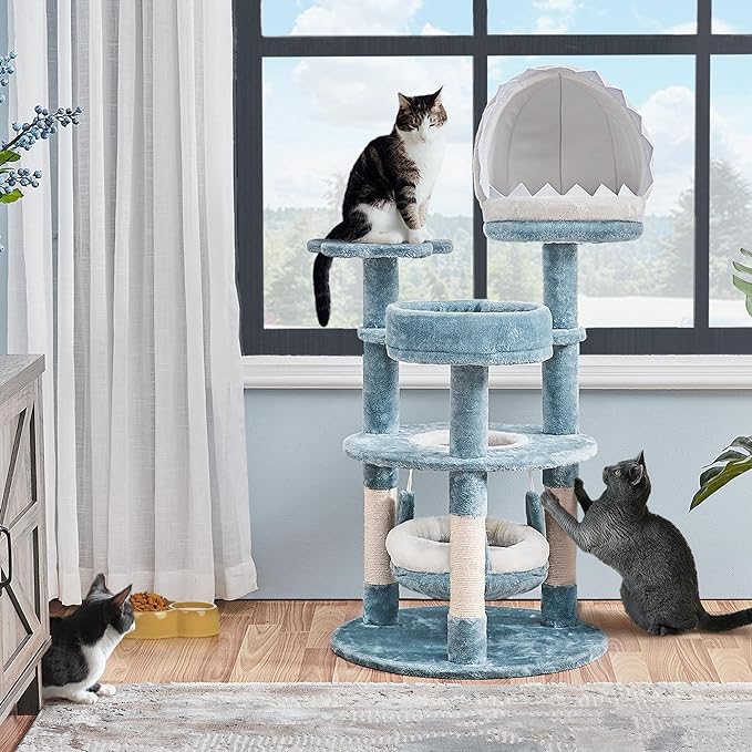 Yaheetech 45.5in Ocean-Themed Cat Tree Multi-Level Cat Tower, Plush Cat Furniture with Shark's Mouth-Shaped Nest, Sea Star-Shaped Perch, Jellyfish-Style Hammock for Indoor Cat Kitty