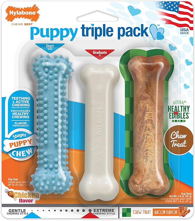 Nylabone Puppy Triple Pack - Blue Puppy Teething Toy, Nylon Dog Toy, & Chew Treat Variety Pack - Puppy Supplies - Chicken and Bacon Flavors, Small/Regular (3 Count)