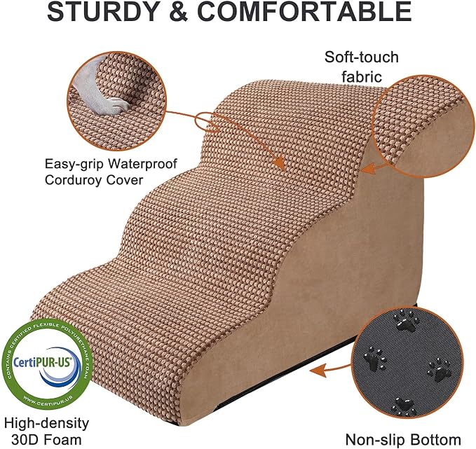 Ryoizen Dog Stairs Ramp for Small Dogs, Pet Stairs Tool for High Bed Couch, Dog Ladder as Puppy Stuff, 3 Tiers Non-Slip Pet Stairs with High Density Foam, Gifts Lint Roller for Dogs, Tan Brown