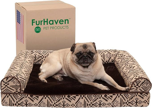 Furhaven Orthopedic Dog Bed for Medium/Small Dogs w/ Removable Bolsters & Washable Cover, For Dogs Up to 35 lbs - Plush & Southwest Kilim Woven Decor Sofa - Desert Brown, Medium