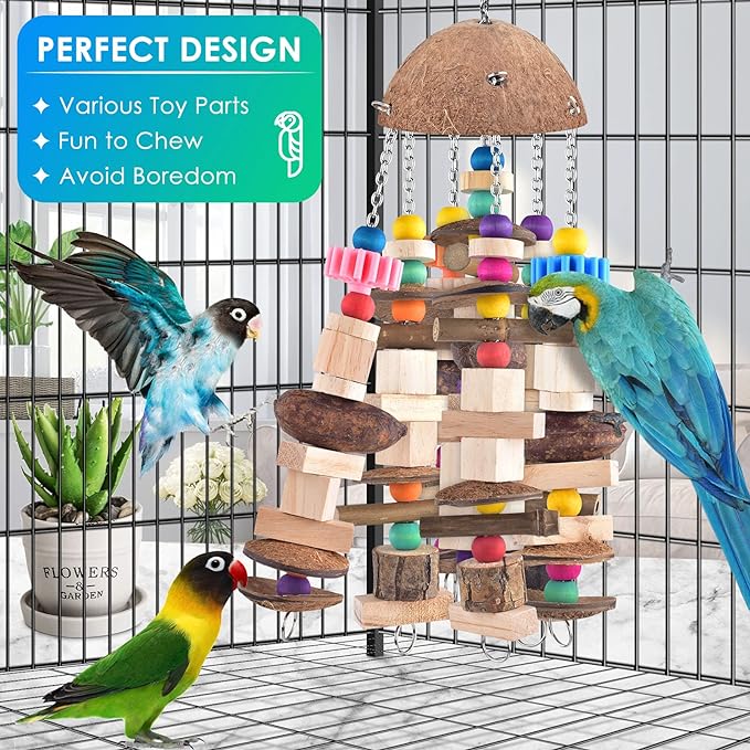 KATUMO Bird Toy, Large Parrot Toy Durable Wooden Blocks Bird Chewing Toy Parrot Cage Bite Toy for African Grey, Cockatoo, Amazon Parrot, Mini Macaw, Medium to Large Birds