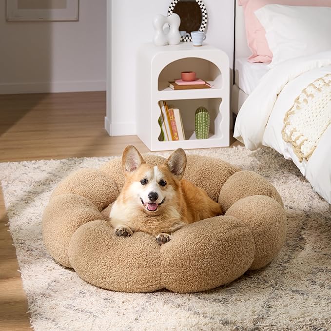 Lesure Calming Large Dog Bed - Flower Donut Round Fluffy Puppy Bed in Plush Teddy Sherpa, Non-Slip Cute Flower Dog Beds, Large Pet Bed Fits up to 100 lbs, Machine Washable, Camel 36"