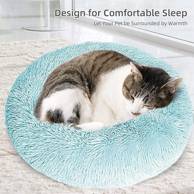 Cat Bed for Indoor Cats,24 Inch Cat Bed & Dog Bed Machine Washable, Fluffy Round Pet Bed Non-Slip, Calming Soft Plush Donut Cuddler Cushion Self Warming for Puppy and Kitten