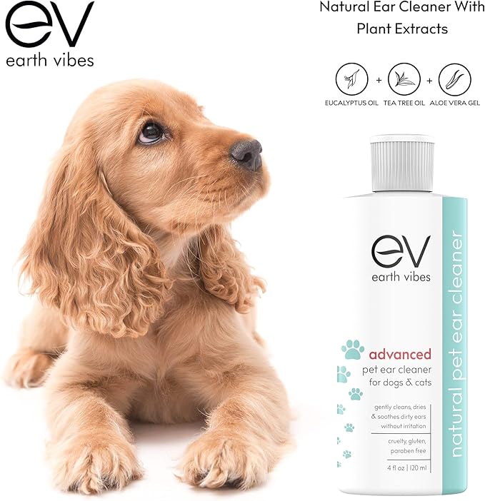 Earth Vibes Dog & Cat Ear Cleaner – Pet Cat Ear Cleaner - Advanced Natural Solution Treatment for Itching, Head Shaking, Discharge & Smelly Ears, Veterinary Vet Formula - MADE in The USA