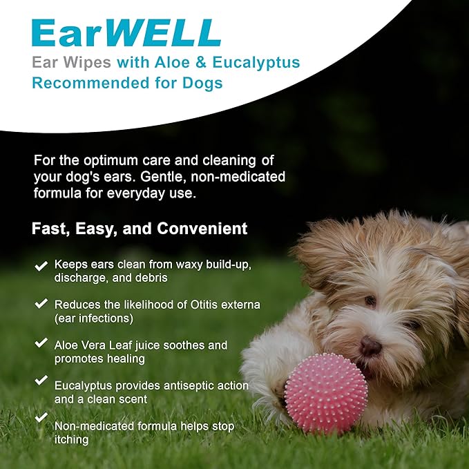 Dog Ear Wipes - Otic Cleaning Wipes for Infections and Controlling Ear Infections and Ear Odor in Pets - EarWELL by VetWELL - 100 Count