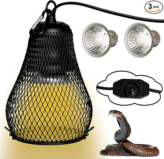 Reptile Heat Lamp,UVA UVB Reptile Light Anti-Scald Heater Guard Turtle Basking Heater Lamp with Guard for Lizard,Snake, Parakeets Parrots Chameleon, Amphibian Bird Supplies(2 Bulbs 25W+50W)