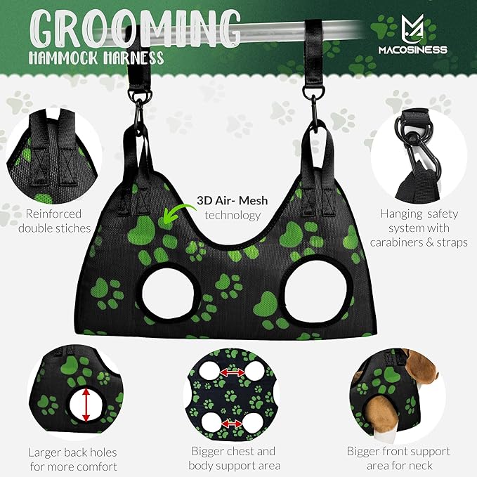 Pet Grooming Hammock for Nail Trimming - Complete Groomers Helper Set for Pet - Dog Grooming Hammock with Hook - Cat Nail Clipper - Dog Hammock for Nail Clipping (M, Black with lime paws)