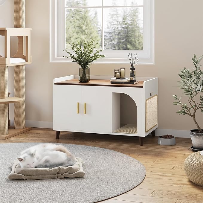 Cat Litter Box Enclosure,Hidden Litter Box Furniture with Scratching Mat&Litter Mat,Wooden Cat House as Side End Table Nightstand,Storage Cabinet,Large Modern Litter Box Cabinet,White&Brown