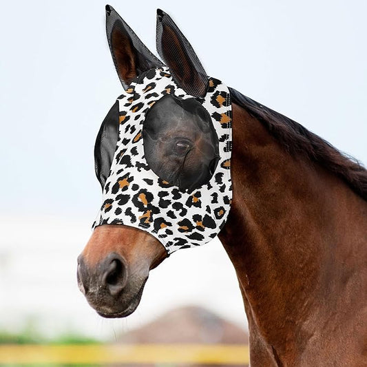 Horse Fly Mask, Softer Stretchy Fly Masks for Horses, Comfortable and Breathable Horse Fly Masks with Ears, Shade and Cooling to Protect The Horse's face from Disturbance, Leopard L